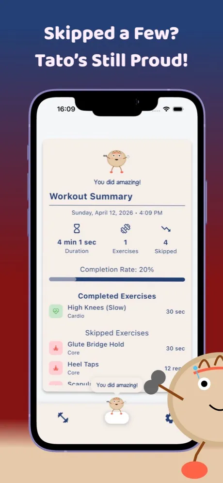 Tato workout summary with completion stats